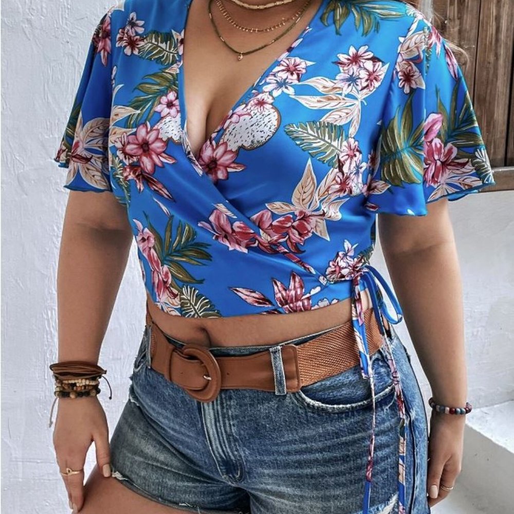 Boho tropical beach vacation tie Butterfly Sleeve Knot Side Wrap Blouse